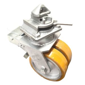 Shipping container wheel with integrated twist lock