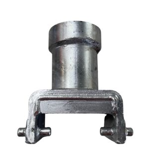 Metal U-clamp bearing housing with a vertical cylindrical post on top and two studs at the ends.