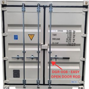 Rear view of a cargo container door with vertical locking bars and latching mechanisms; text 'DGR-008 - EASY OPEN DOOR ROD' highlighted by a red arrow
